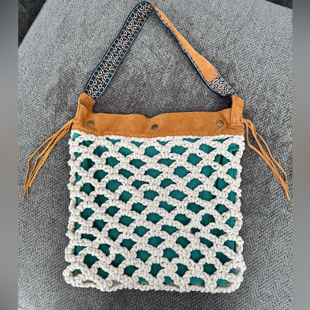 Lucky Brand Suede Crochet Guitar Strap Shoulder Bag